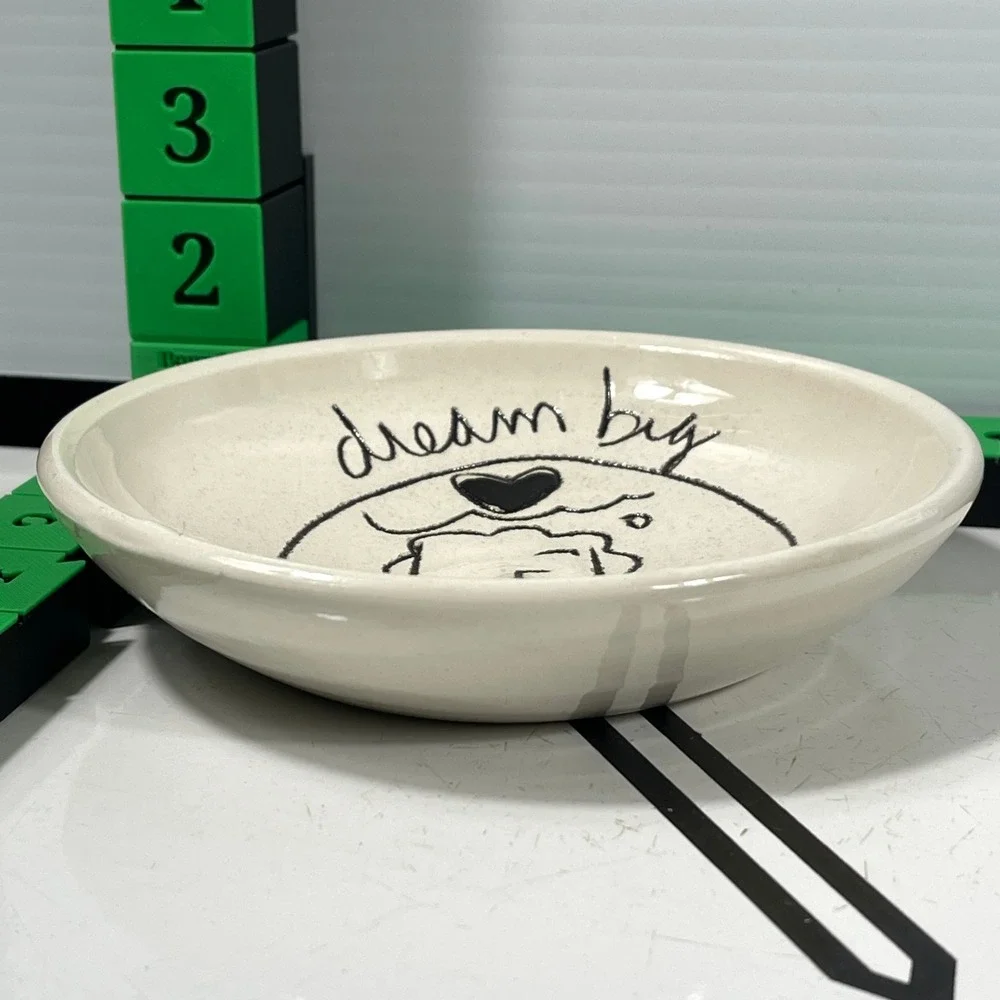 Handmade Signed Ceramic Trinket Dish Dream Big Face‎ Heart Black Art Small Bowl